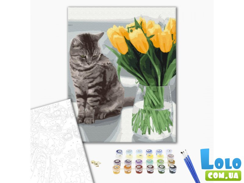 Картина по номерам Котик с тюльпанами, Brushme (40х50 см)
