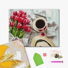 Алмазная мозаика Чашка кофе и розовые тюльпаны, Brushme (40х50 см)