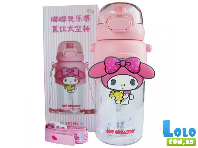 Бутылка для воды с трубочкой My Melody с наклейками (розовая), 600 мл