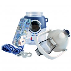 Бутылка для воды с трубочкой Космонавт с наклейками (синяя с белым), 1200 мл
