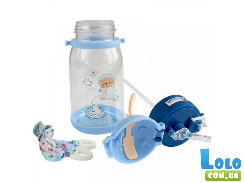 Бутылка для воды с трубочкой детская Медведь (синяя), 600 мл
