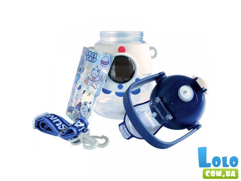 Бутылка для воды с трубочкой Космический корабль с наклейками (белая с синим), 1200 мл