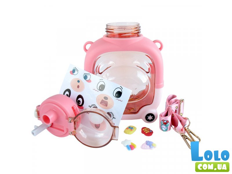 Бутылка для воды с трубочкой Медвежонок с наклейками (розовая), 1000 мл
