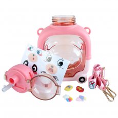 Бутылка для воды с трубочкой Медвежонок с наклейками (розовая), 1000 мл