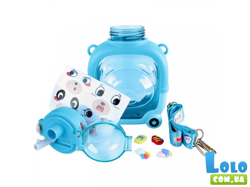 Бутылка для воды с трубочкой Медвежонок с наклейками (синяя), 1000 мл