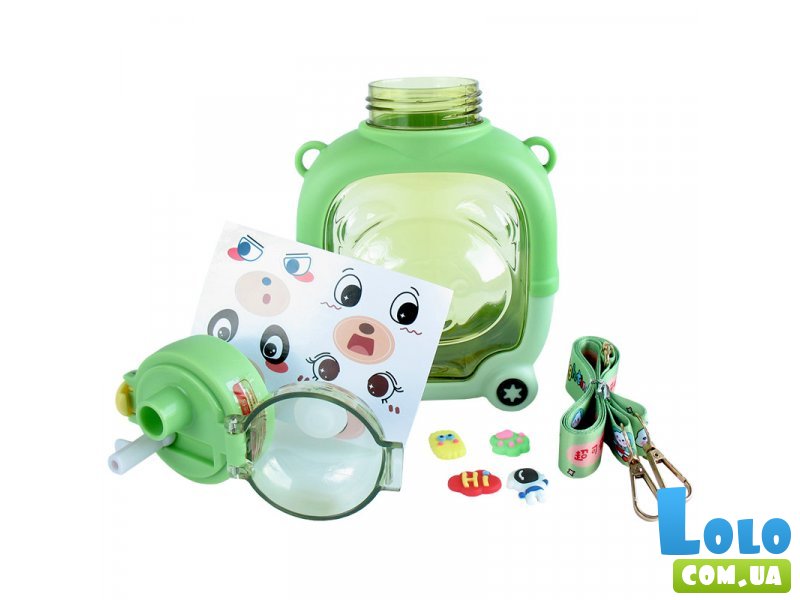 Бутылка для воды с трубочкой Медвежонок с наклейками (зеленая), 1000 мл