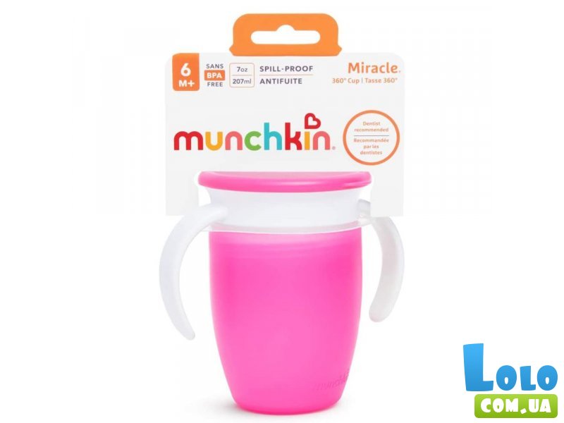 Чашка непроливная Miracle 360 ​​с крышкой 207 мл, Munchkin (розовый)