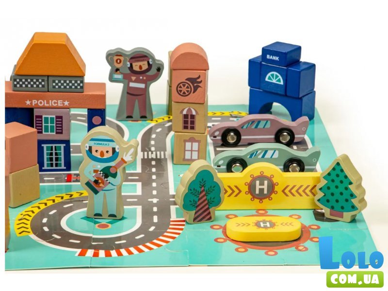 Деревянные кубики с ковриком Разноцветный город, Ecotoys, 161 шт.