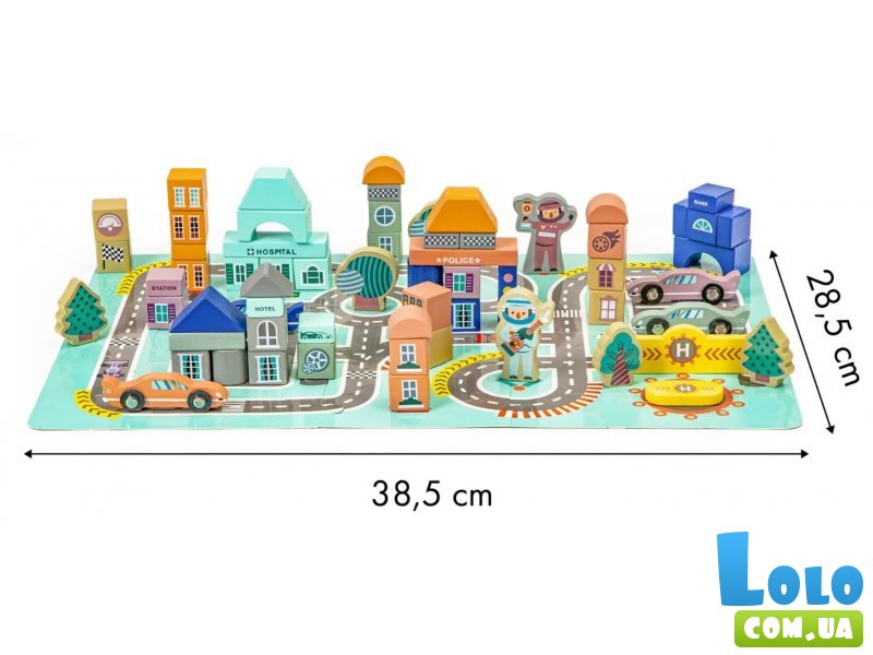 Деревянные кубики с ковриком Разноцветный город, Ecotoys, 161 шт.