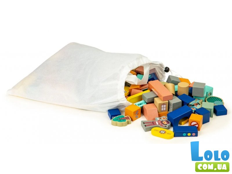 Деревянные кубики с ковриком Разноцветный город, Ecotoys, 161 шт.