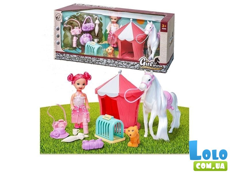 Кукла с палаткой, лошадью, собакой и аксессуарами
