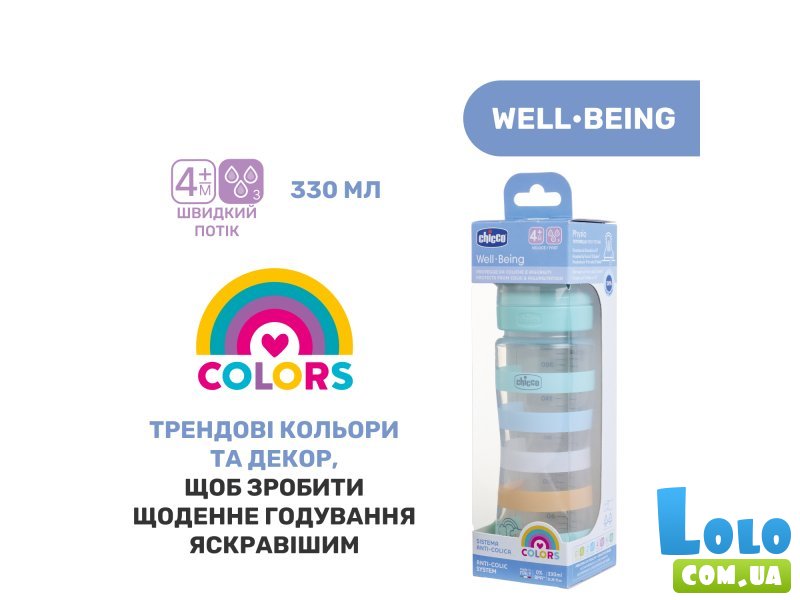 Бутылочка пластиковая  Well-Being Colors, Chicco, 330 мл (мятная)
