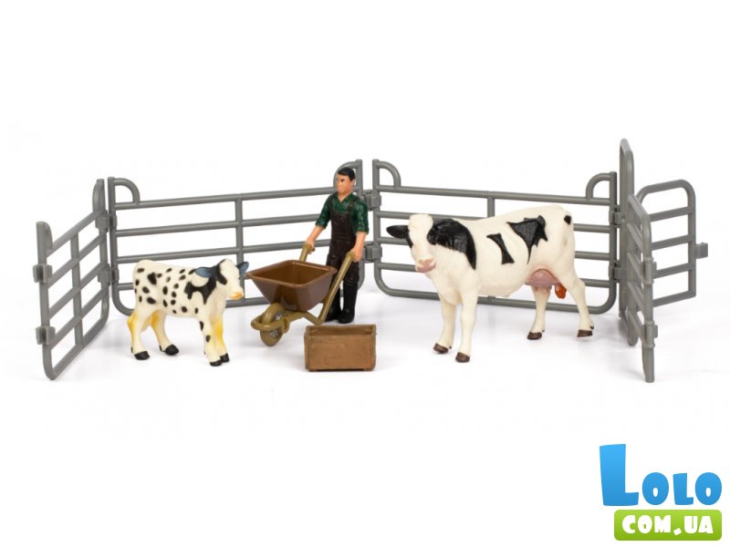 Набор фигурок Фермер, бело-черная корова и пятнистый бело-черный теленок, Kids Team