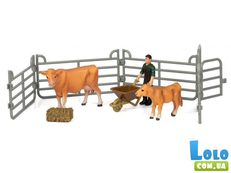 Набор фигурок Фермер, рыжая корова и теленок, Kids Team