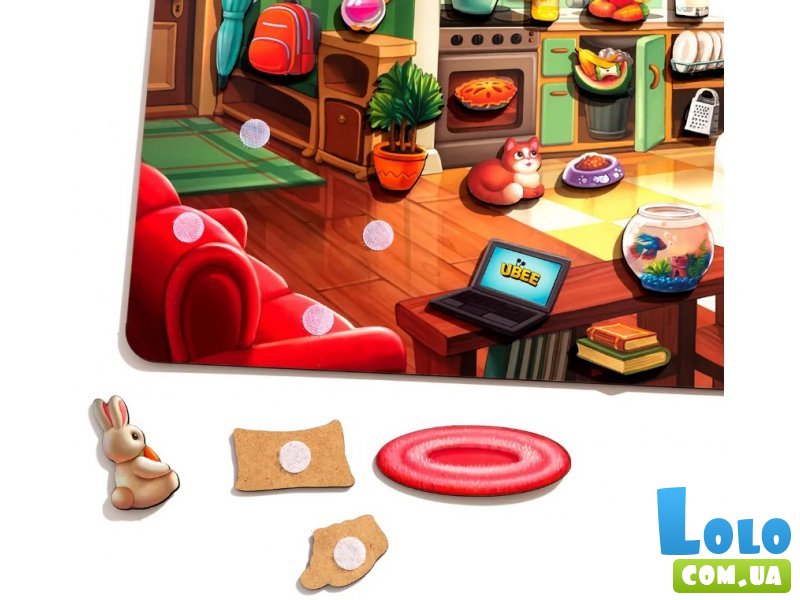 Деревянная развивающая игра на липучках Наведи порядок в комнате и накорми Ваню, Ubee