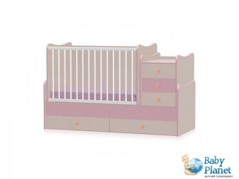 Кроватка-трансформер Bertoni Maxi Plus 70х160 см Oak&Pink (белая с розовым)