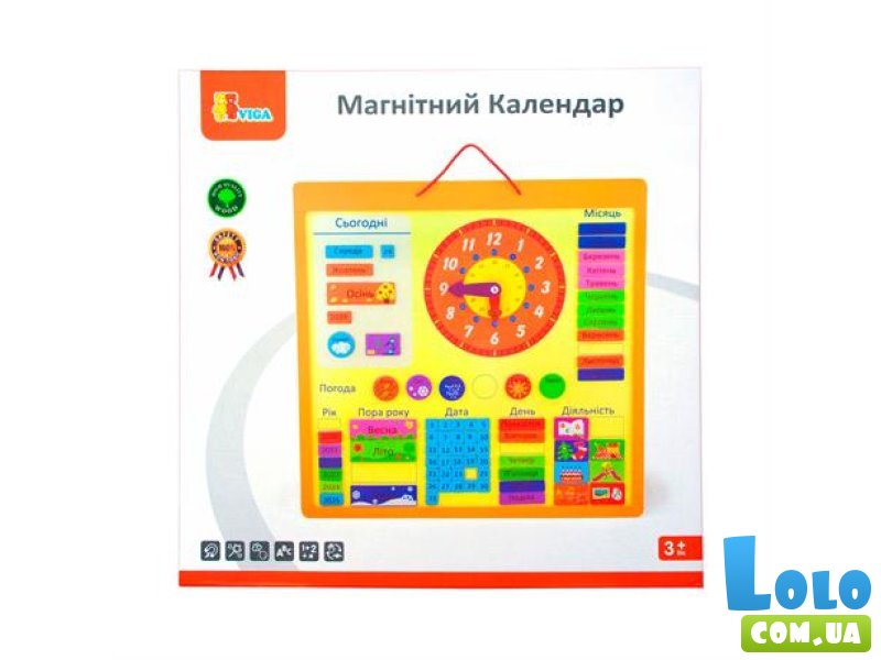 Магнитный календарь с часами, Viga Toys (укр.)