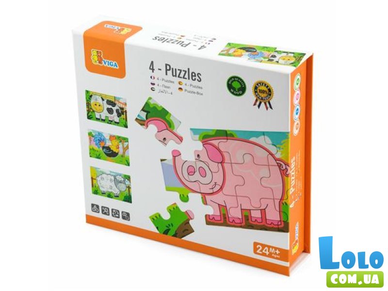 Деревянный пазл Ферма 4 в 1, Viga Toys, 48 эл.