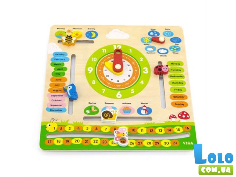 Деревянный календарь с часами, Viga Toys (англ.)