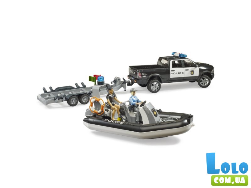 Машина Полиция RAM 2500 с лодкой и фигурками, Bruder