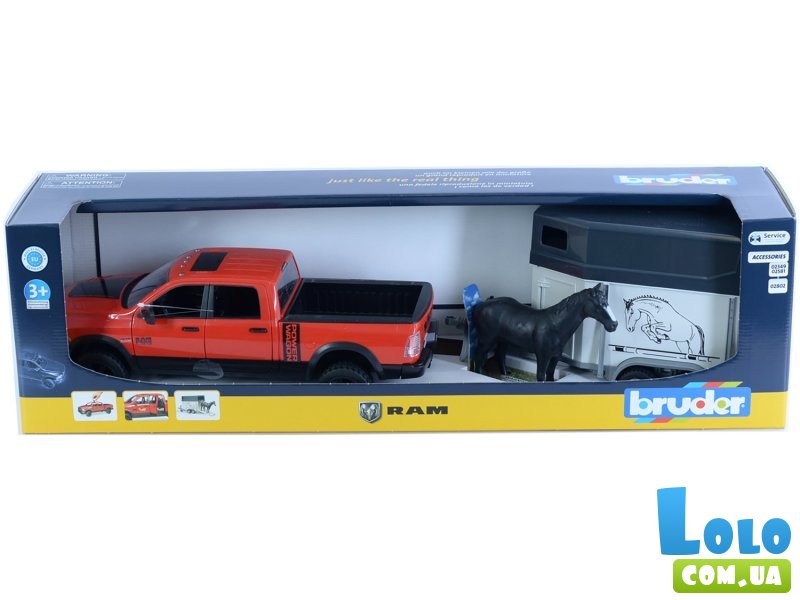 Машина RAM 2500 с прицепом-трейлером и лошадью, Bruder