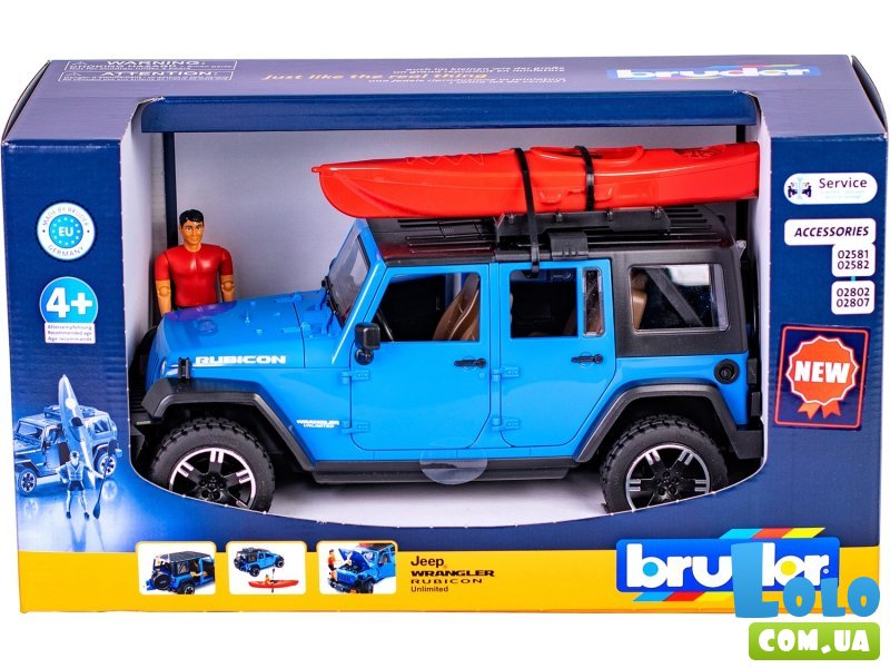 Машина Jeep Wrangler Rubicon Unlimited с каяком и фигуркой, Bruder