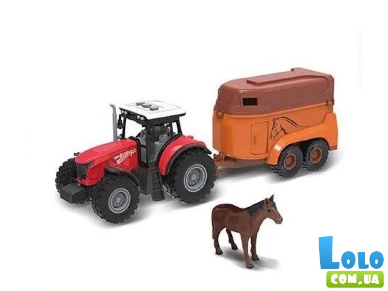 Трактор с прицепом и конем
