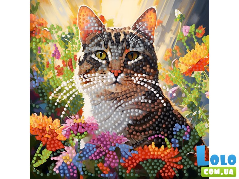 Алмазная мозаика Кот среди цветов, Strateg (18х18 см)
