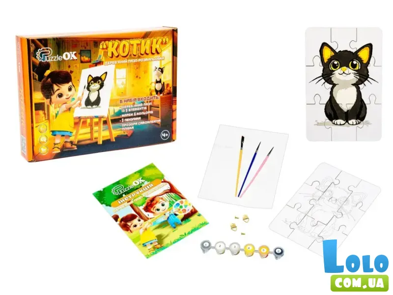 Деревянный пазл-раскраска Котик, Puzzleok (А5)