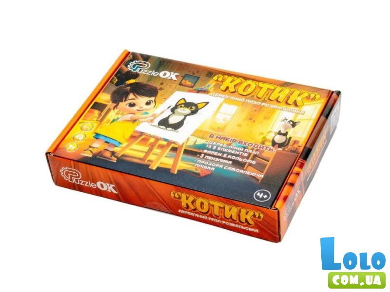 Деревянный пазл-раскраска Котик, Puzzleok (А5)