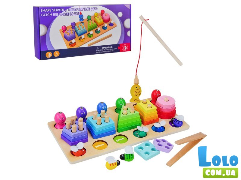 Деревянная игрушка сортер Геометрика с магнитной рыбалкой