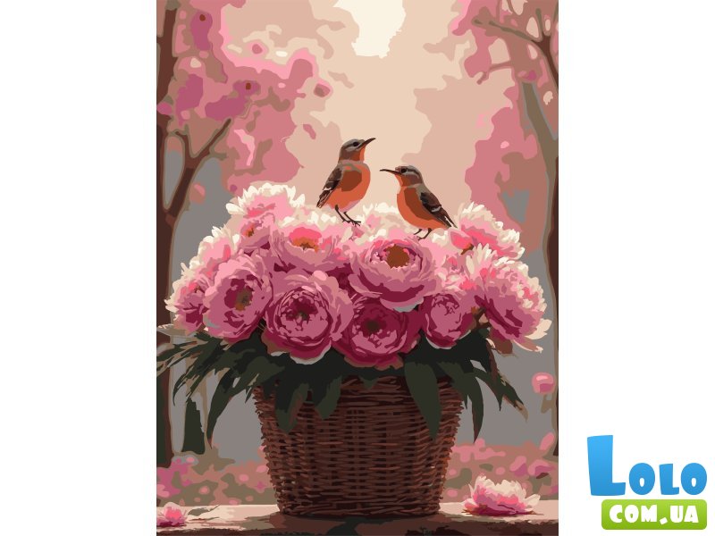 Картина по номерам Пионы с птичками, Strateg (30х40 см)
