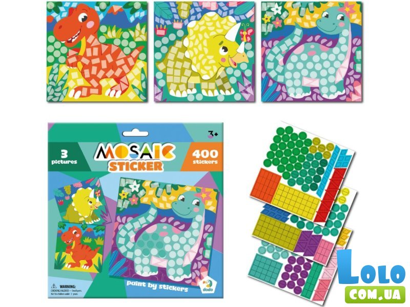 Мозаика с наклейками Динозавры, DoDo, 3 картинки