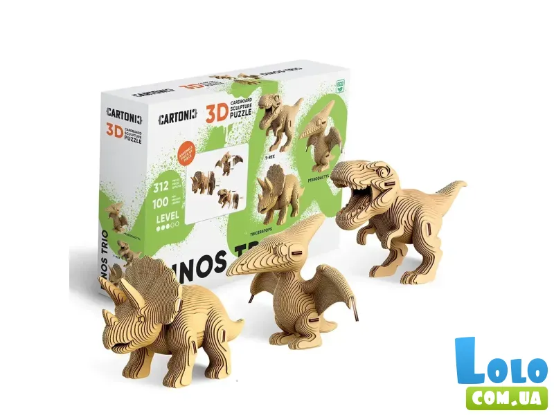 Картонный 3D пазл Трио Динозавров, Cartonic, 312 эл.