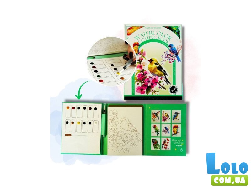 Акварельный скетчбук, с ручкой и твердыми красками Птицы