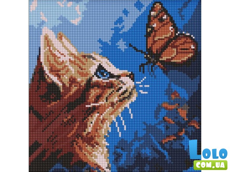 Алмазная мозаика Котик и бабочка, Идейка (30х30 см)