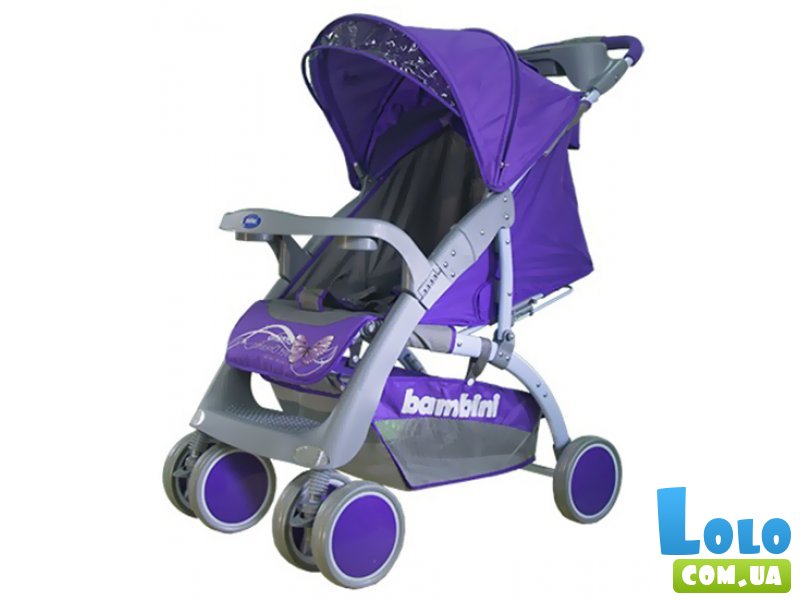 Прогулочная коляска Bambini Neon Violet Butterfly (фиолетовая), с чехлом для ног