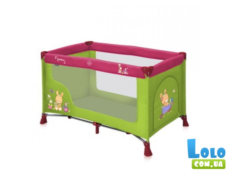 Кроватка-манеж Bertoni Nanny 1 Layer Green&Pink Bunnies (зеленая с розовым), с рисунком