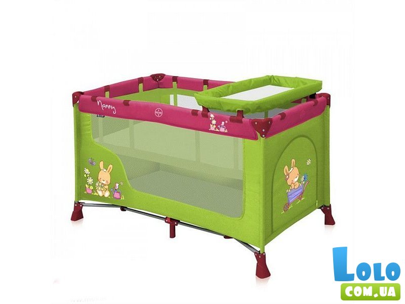 Кроватка-манеж Bertoni Nanny 2 Layers Green&Pink Bunnies (зеленая с розовым), с рисунком