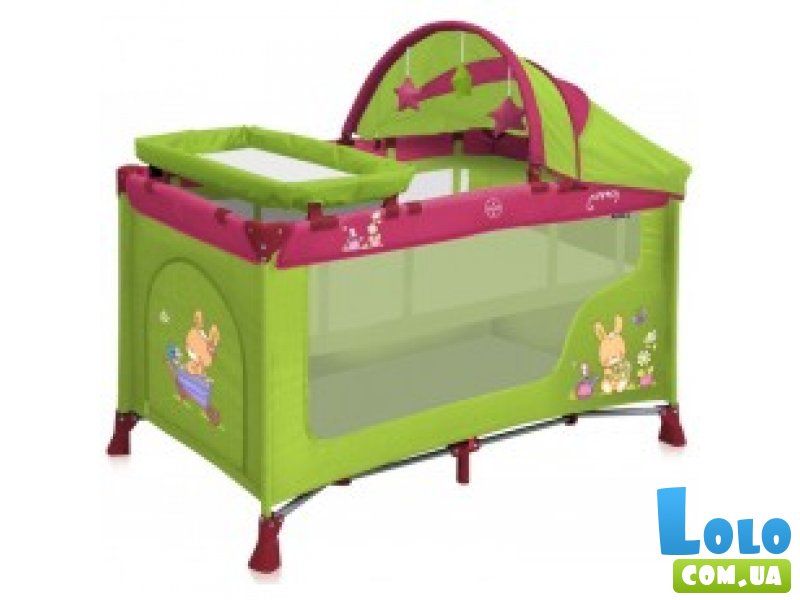 Кроватка-манеж Bertoni Nanny 2 Layers Plus Green&Pink Bunnies (зеленая с розовым), с рисунком