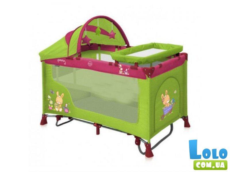 Кроватка-манеж Bertoni Nanny 2 Layers Rocker Plus Green&Pink (зеленая с розовым), с рисунком