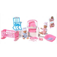 Игрушка Писающий резиновый пупс 32 см. в розовом. Loko Toys. Комплект 6 в 1 (кресло, стульчик для кормления, переносное кресло, ванночка, горшок, аксессуары для еды)