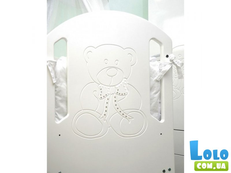 Детская кроватка «Верес» ЛД 8 «Соня» с ящиком и маятником (цвет: слоновая кость, декор: медвежонок со стразами)