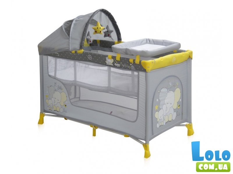 Кроватка-манеж Bertoni Nanny 2 Layers Plus Yellow Elephants (желтая с серым), с рисунком