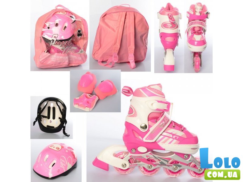 Детские ролики с шлемом и защитой, M (35-38), розовые