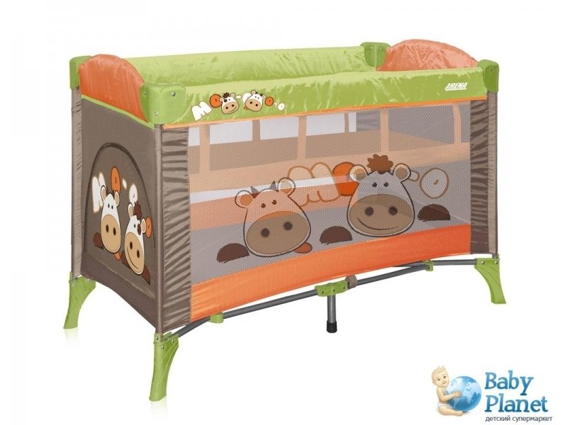 Кроватка-манеж Bertoni Arena 2 Layers Cows Orange&Green (коричневая с оранжевым и зеленым), с рисунком
