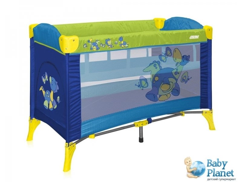 Кроватка-манеж Bertoni Arena 2 Layers Dinos Blue (синяя с желтым и зеленым), с рисунком