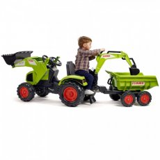 Детский трактор на педалях с прицепом, передним и задним ковшами Claas Axos, Falk (зеленый)