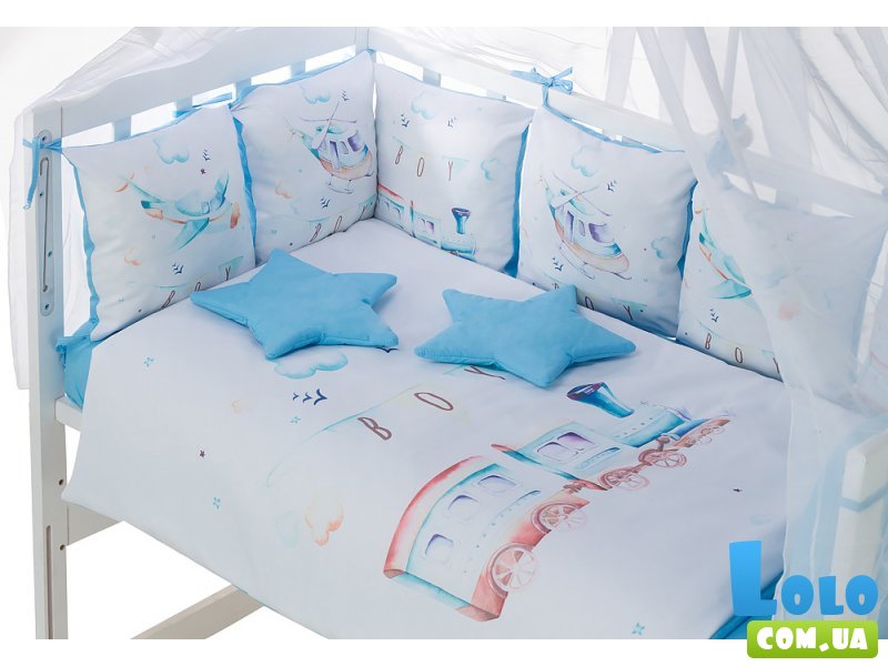 Детская постель Bortiki Print-08 blue train, Babyroom (голубой паровоз), 8 шт.