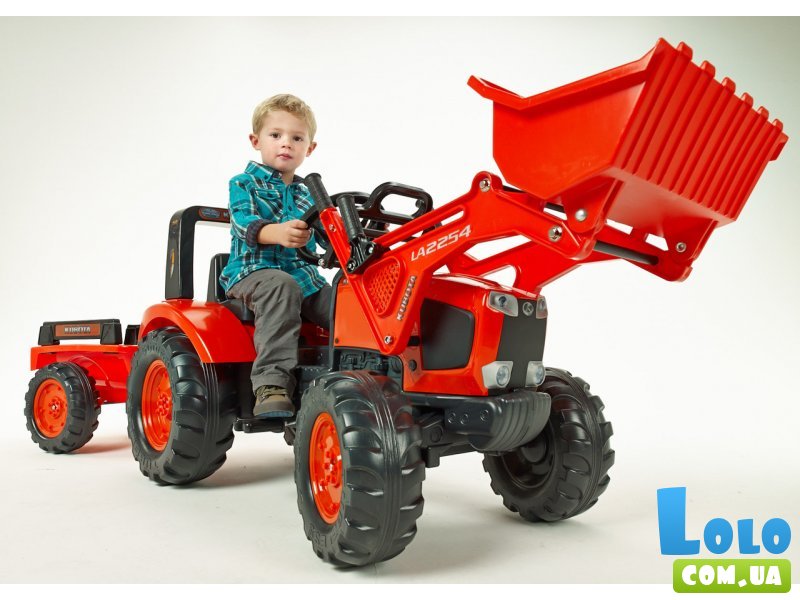 Детский трактор на педалях с прицепом и передним ковшом Kubota, Falk (красный)